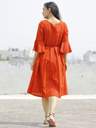 Red Orange Ikat Dress With Box Pleats & Side Pockets -  D113F958