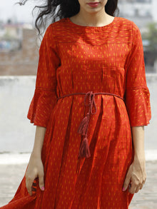 Red Orange Ikat Dress With Box Pleats & Side Pockets -  D113F958
