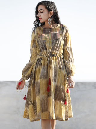 Mustard Yellow Brown Hand Brush Painted Cotton  Dress With Tassels and PinTuck Details- D198F1088