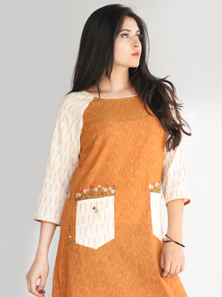 Meerab - Handwoven Ikat Tunic Cotton Dress With Embroidery - D416F1464