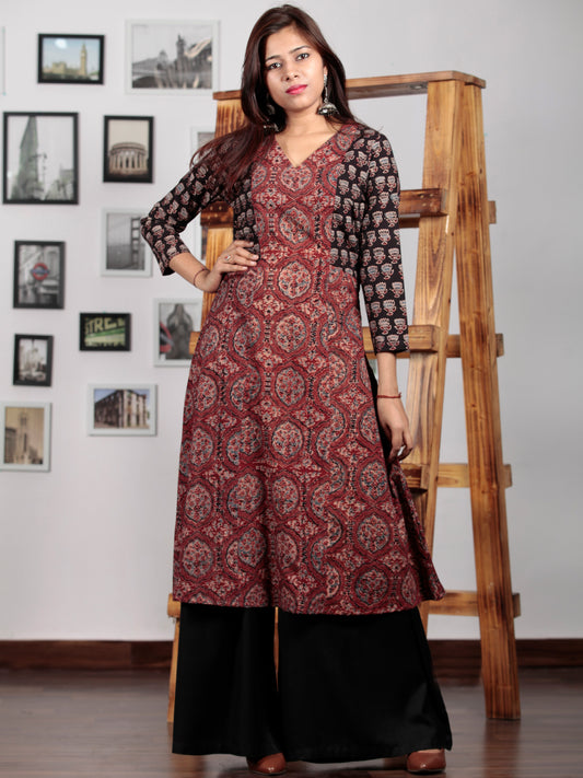 Red Indigo  Black Ajrakh Hand Block Printed Kurta in Natural Colors - K62BP0140