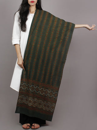 Dark Green Maroon Black Mughal Nakashi Ajrakh Hand Block Printed Cotton Stole - S63170132