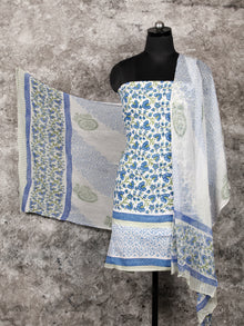 White Blue Green Hand Block Printed Cotton Suit-Salwar Fabric With Chiffon Dupatta (Set of 3) - SU01HB346