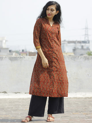 Maroon Olive Yellow Hand Block Printed Kurta With Stand Collar - K22F648