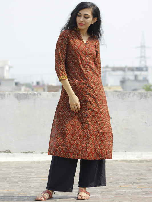 Maroon Olive Yellow Hand Block Printed Kurta With Stand Collar - K22F648