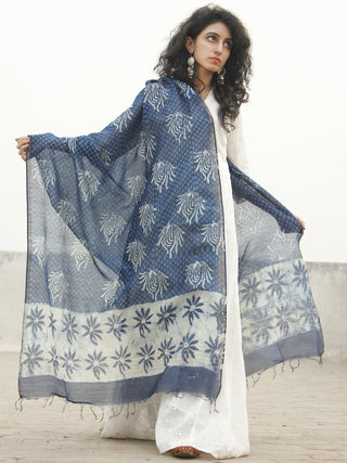 Indigo Blue Ivory Chanderi Hand Black Printed & Hand Painted Dupatta - D04170235