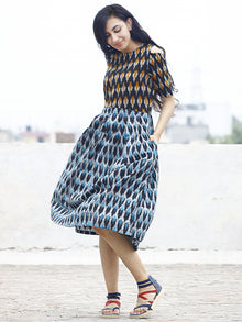 Blue Black Ivory Orange Handwoven Ikat Pleated Cold Shoulders Dress With Side Pockets & Back Zip - D81F804