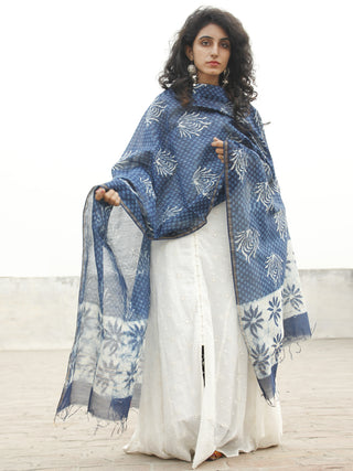 Indigo Blue Ivory Chanderi Hand Black Printed & Hand Painted Dupatta - D04170235