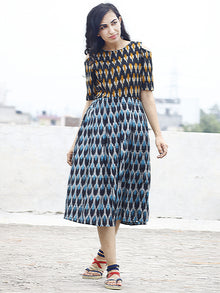 Blue Black Ivory Orange Handwoven Ikat Pleated Cold Shoulders Dress With Side Pockets & Back Zip - D81F804
