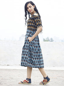 Blue Black Ivory Orange Handwoven Ikat Pleated Cold Shoulders Dress With Side Pockets & Back Zip - D81F804
