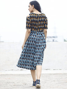 Blue Black Ivory Orange Handwoven Ikat Pleated Cold Shoulders Dress With Side Pockets & Back Zip - D81F804