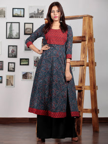 Indigo Red Black Beige Ajrakh Hand Block Printed Kurta in Natural Colors - K71BP018
