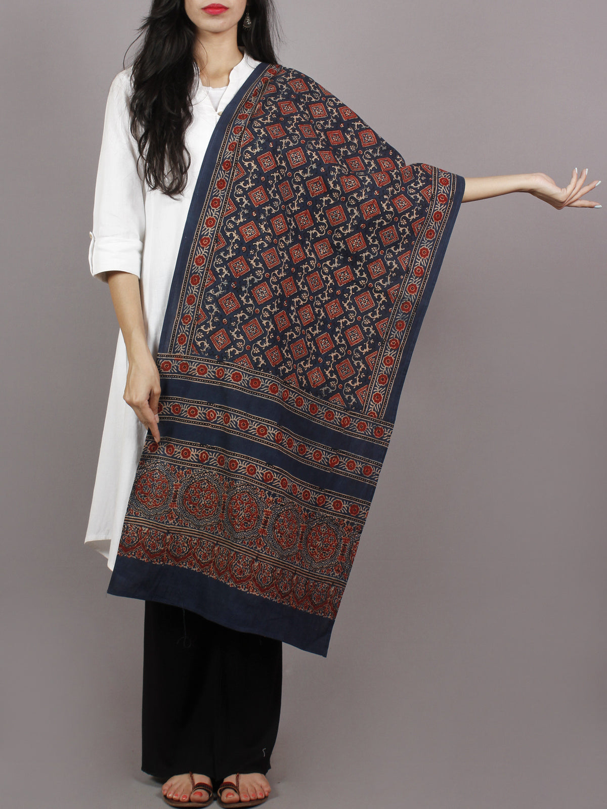 Indigo Maroon Ivory Black Mughal Nakashi Ajrakh Hand Block Printed Cotton Stole - S63170133