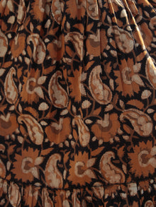 Mustard Beige Black Hand Block Printed Cotton Dress With Elasticated Waist - D200F1001