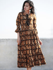 Mustard Beige Black Hand Block Printed Cotton Dress With Elasticated Waist - D200F1001