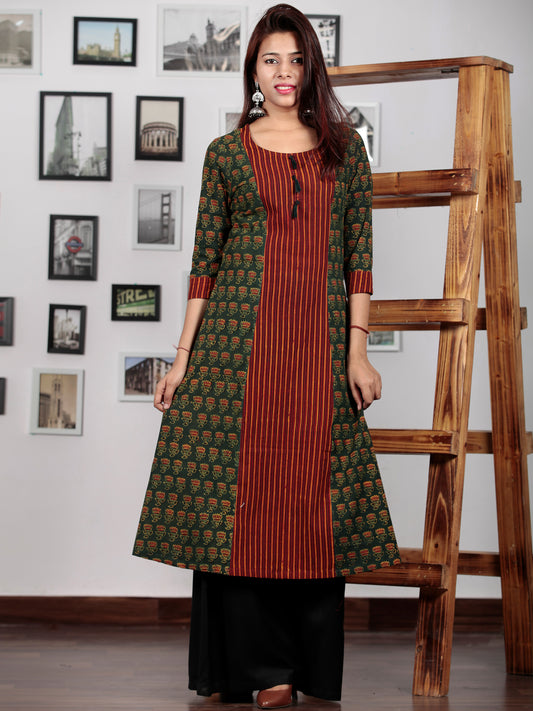 Pine Green Rust Red Yellow Ajrakh Hand Block Printed Kurta With Tassels - K72BP0133