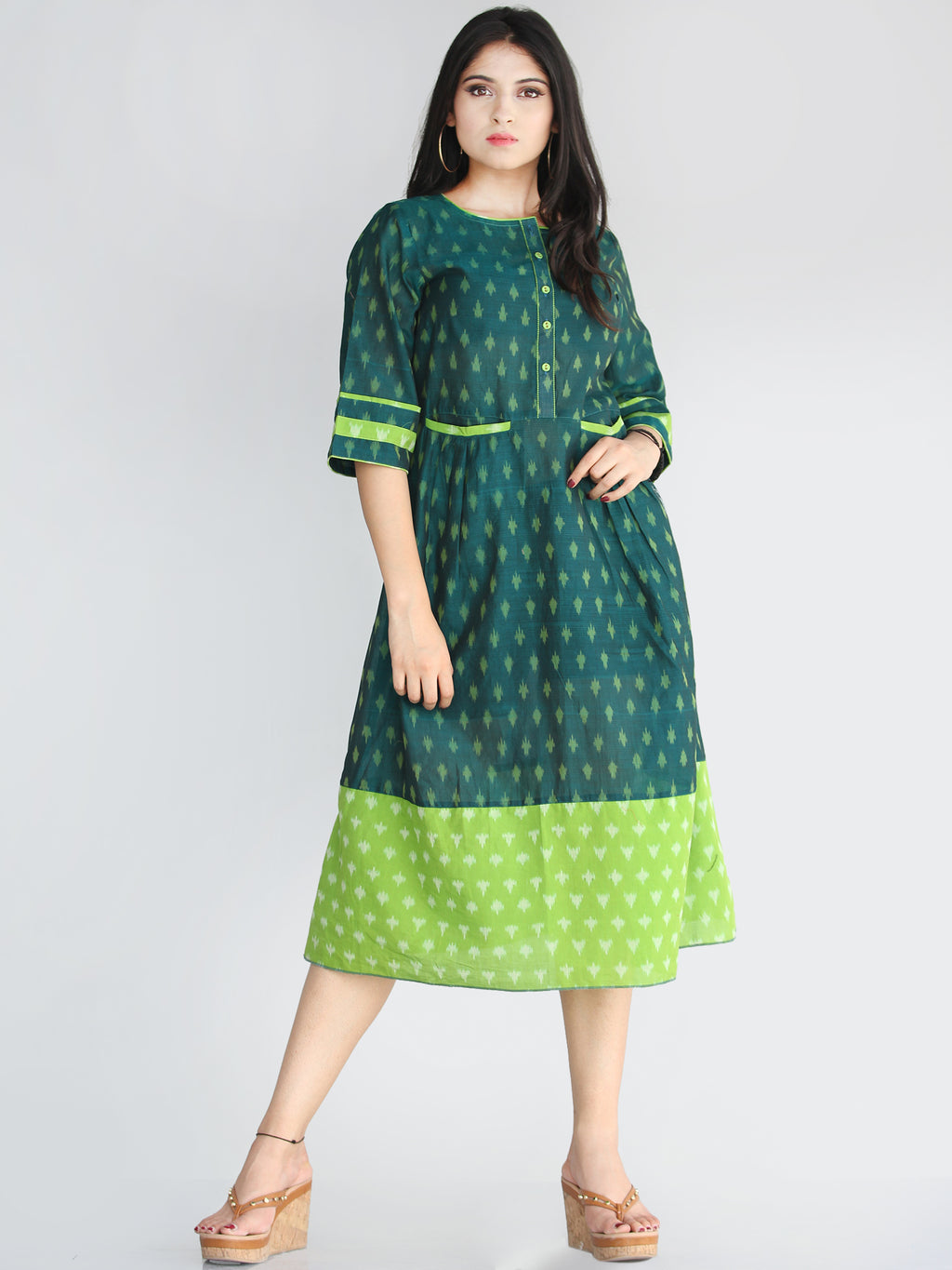Qaima Handwoven Cotton Silk Ikat Midi Dress With Front Pockets