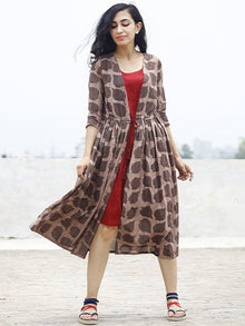 Brown Beige Maroon Hand Block Cotton Dress With TiE-Up Waist And Tassel Details -  D85F777