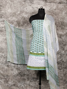 White Blue Green Hand Block Printed Cotton Suit-Salwar Fabric With Chiffon Dupatta (Set of 3) - SU01HB348
