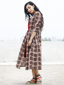 Brown Beige Maroon Hand Block Cotton Dress With TiE-Up Waist And Tassel Details -  D85F777