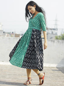 Green Black Ivory Handwoven Ikat Dress With Knife Pleats - D114F927
