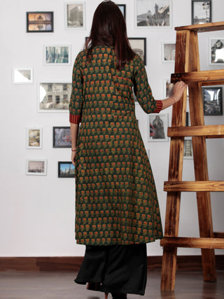 Pine Green Rust Red Yellow Ajrakh Hand Block Printed Kurta With Tassels - K72BP0133