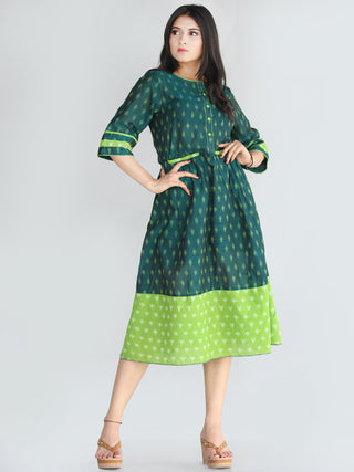 Qaima - Handwoven Cotton Silk Ikat Midi Dress With Front Pockets - D419F1960