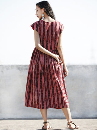 Maroon Red Ivory Hand Woven Ikat Midi Dress With Cap Sleeves - D201F756