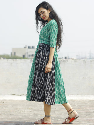 Green Black Ivory Handwoven Ikat Dress With Knife Pleats - D114F927