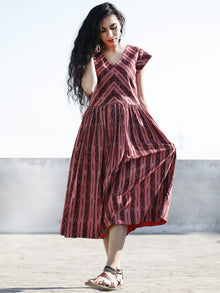 Maroon Red Ivory Hand Woven Ikat Midi Dress With Cap Sleeves - D201F756