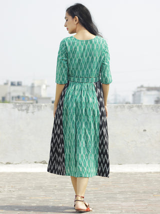 Green Black Ivory Handwoven Ikat Dress With Knife Pleats - D114F927