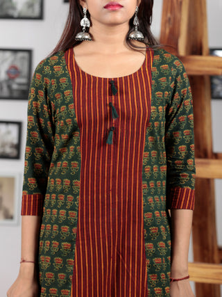 Pine Green Rust Red Yellow Ajrakh Hand Block Printed Kurta With Tassels - K72BP0133