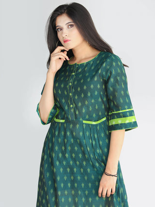 Qaima - Handwoven Cotton Silk Ikat Midi Dress With Front Pockets - D419F1960