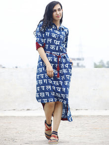 Indigo White Maroon Hand Block Printed Cotton Shirt Dress With Tie-Up Waist And Side Pockets -  D86F542