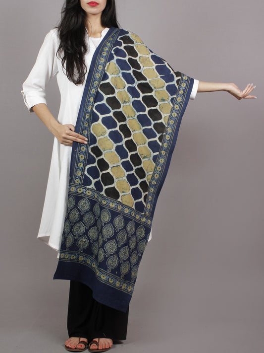 Indigo White Black Yellow Mughal Nakashi Ajrakh Hand Block Printed Cotton Stole - S63170135
