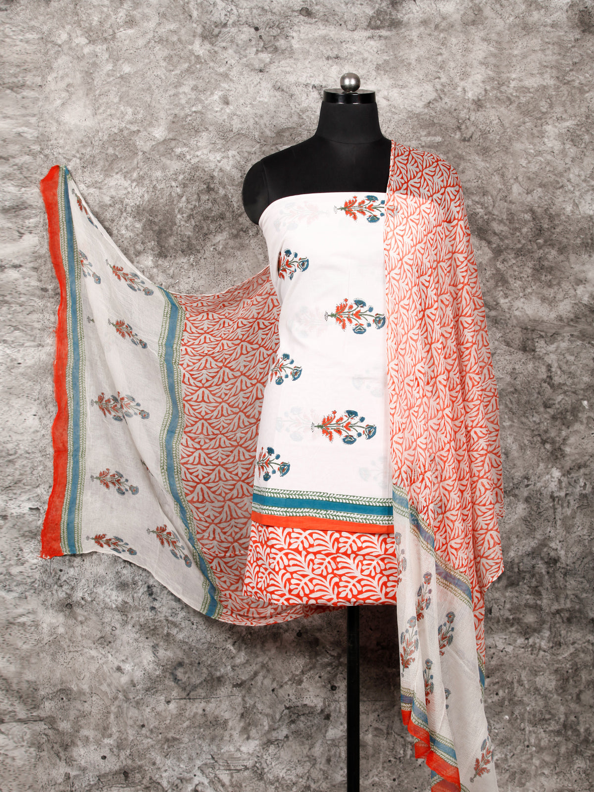 White Rust Blue Green Hand Block Printed Cotton Suit-Salwar Fabric With Chiffon Dupatta (Set of 3) - SU01HB349