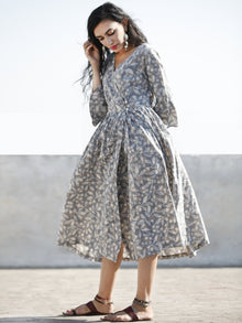 Grey Indigo Ivory Hand Block Printed Cotton Wrap Midi Dress With Bell Sleeves - D99F606