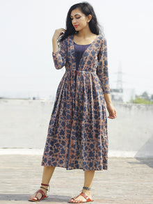 Indigo Brown Beige Hand Block Cotton Dress With Tie-Up Waist And Tassel Details -  D85F785