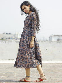 Indigo Brown Beige Hand Block Cotton Dress With Tie-Up Waist And Tassel Details -  D85F785