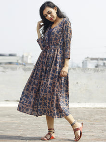Indigo Brown Beige Hand Block Cotton Dress With Tie-Up Waist And Tassel Details -  D85F785