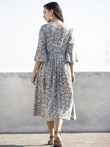 Grey Indigo Ivory Hand Block Printed Cotton Wrap Midi Dress With Bell Sleeves - D99F606