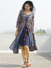 Indigo Brown Beige Hand Block Cotton Dress With Tie-Up Waist And Tassel Details -  D85F785