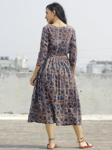 Indigo Brown Beige Hand Block Cotton Dress With Tie-Up Waist And Tassel Details -  D85F785