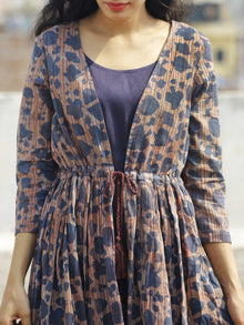 Indigo Brown Beige Hand Block Cotton Dress With Tie-Up Waist And Tassel Details -  D85F785