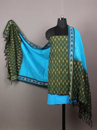 Asparagus Green Azure White Ikat Handwoven Cotton Suit Fabric Set of 3 - S1002028