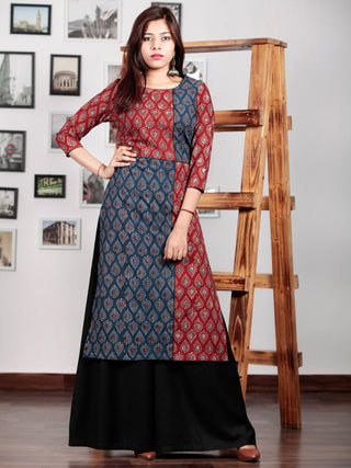 Indigo Maroon Black Beige Hand Printed Ajrakh Kurta in Natural Colors - K57BPA142