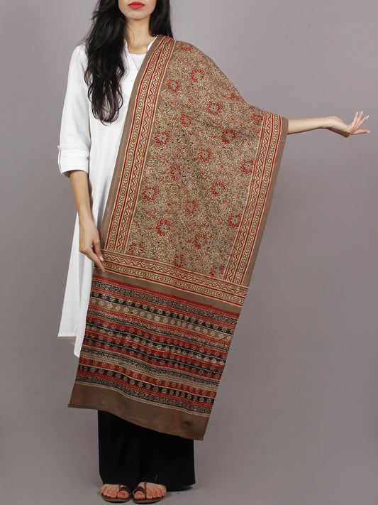 Brown Beige Maroon Black Mughal Nakashi Ajrakh Hand Block Printed Cotton Stole - S63170136