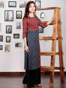 Indigo Maroon Black Beige Hand Printed Ajrakh Kurta in Natural Colors - K57BPA142