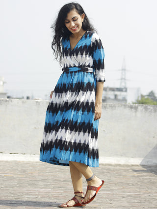 Blue Black Ivory Ikat Dress With Gathers & Side Pockets -  D118F931