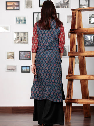 Indigo Maroon Black Beige Hand Printed Ajrakh Kurta in Natural Colors - K57BPA142